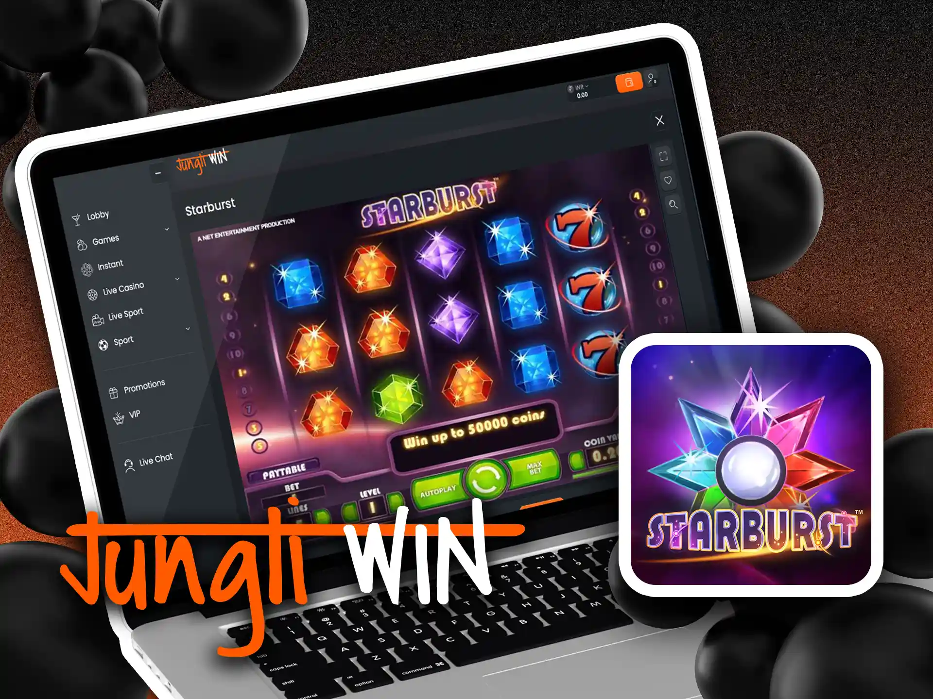 Win huge amount of money spinning Starburst slot at Jungliwin.